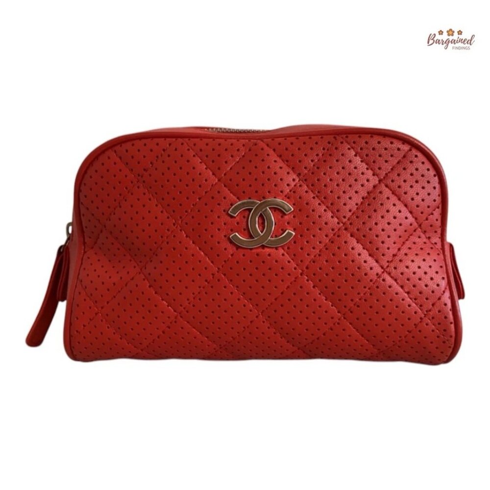 Authentic CHANEL Red Caviar Quilted Perforated CC Logo Curvy Cosmetic Pouch Case